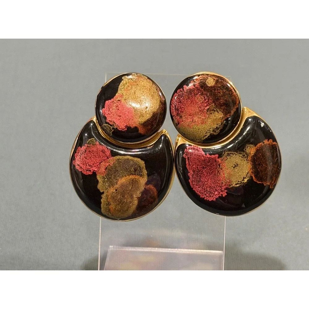 Vintage Enamel Articulated Drop Earrings Black Multi Color Gold Tone 80s Retro